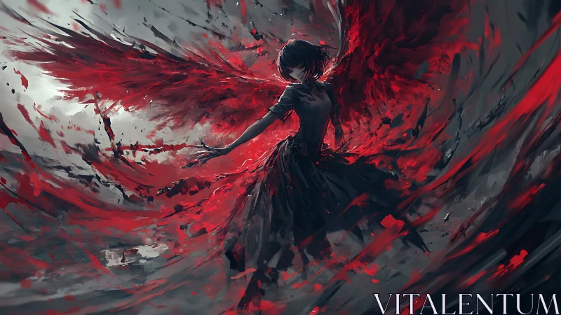 Figure with red abstract wings stands amid swirling motion