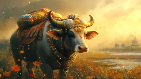 Ornate sacred water buffalo in misty sunrise wetland landscape