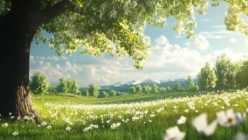 High-detail 3D spring meadow under flowering tree canopy