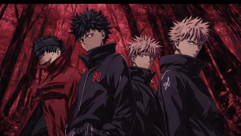 Four stoic fighters stand in red forest under tense sky