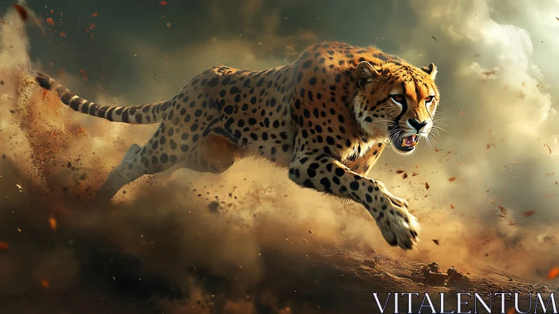 Spotted Fury: Cheetah's Desert Sprint Through Golden Tempest.