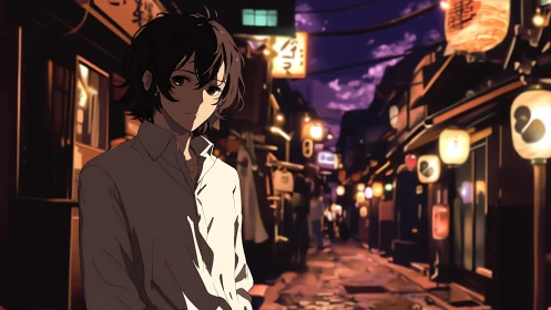 Lantern lane drifter in softly neon twilight calm.