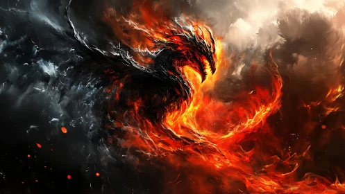 Fiery phoenix erupts from swirling smoke and storm clouds.