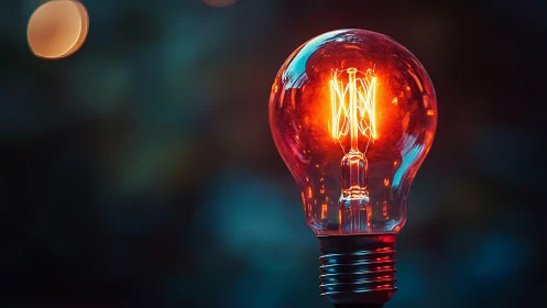 Incandescent light bulb glowing against dark bokeh.