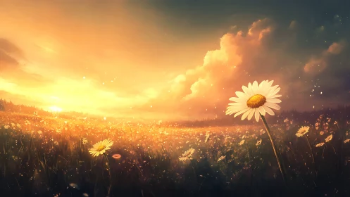 Daisy field extends under low sun in digitally rendered sky