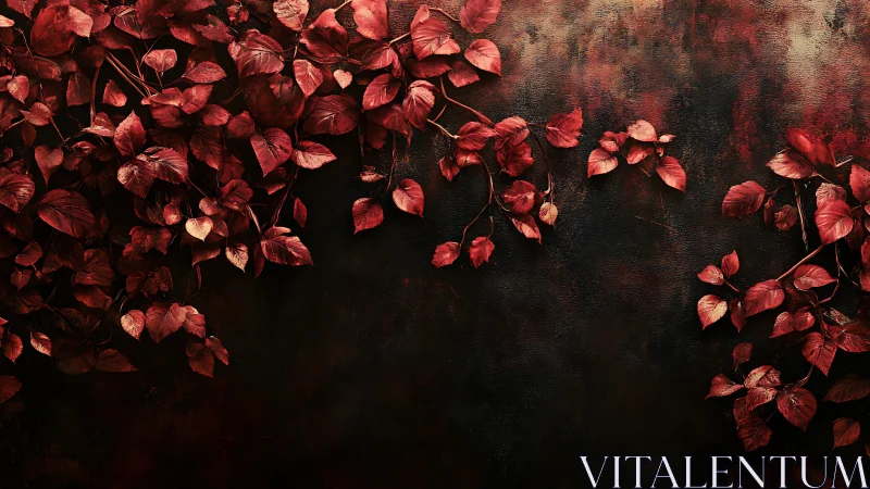 Crimson ivy foliage trailing across dark textured wall.