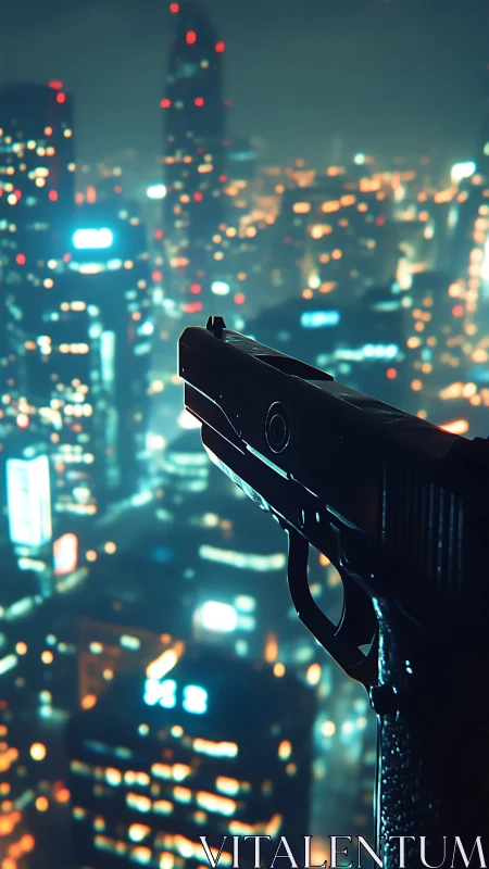 Handgun silhouette confronts neon city skyline at night.