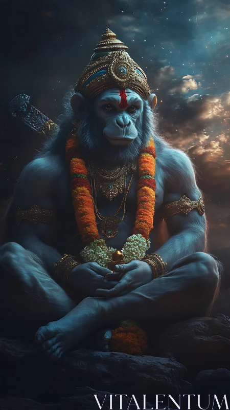 Majestic monkey deity rests calmly beneath a starlit sky