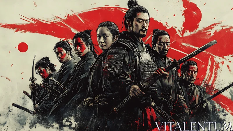 Crimson-oath samurai stand defiant amid storm-swept ink swirls.