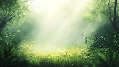 Misty Forest Clearing with Sunlight and Green Vegetation.