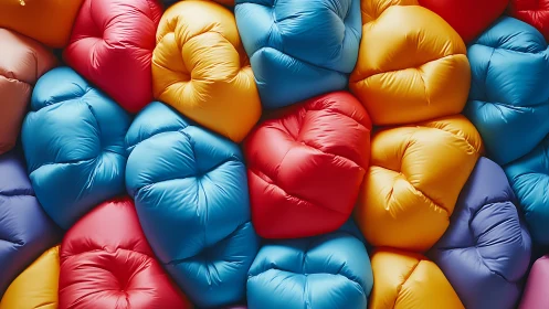 Cozy cluster of colorful puffed cushions inviting comfort.