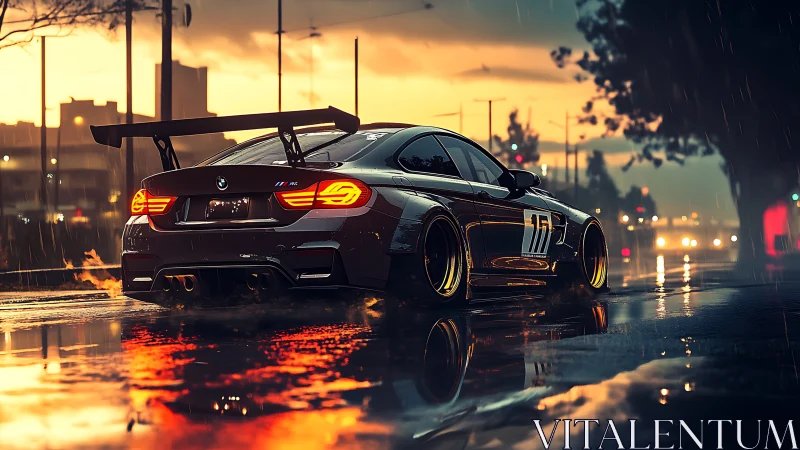 Modified BMW sports car on wet city street at sunset.