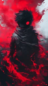 Crimson shadows swirl around a lone cloaked wanderer