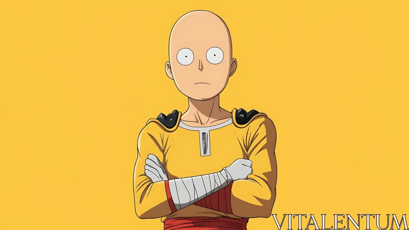 Bald anime character in yellow suit on flat yellow background.