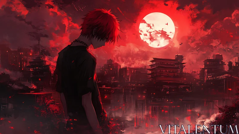 Red haired figure over dystopian city under blood moon.