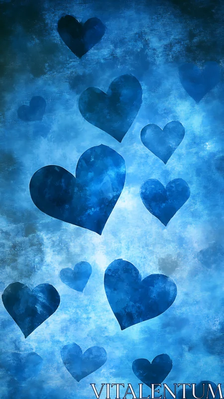 Blue hearts floating in ethereal light.