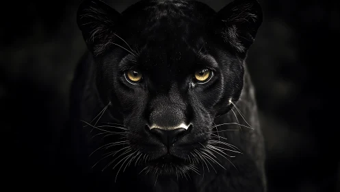 Black Panther Close-up Portrait with Golden Eyes Against Dark Background.