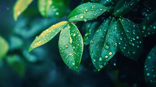 Rain-kissed emerald leaves glimmering in quiet twilight hush.