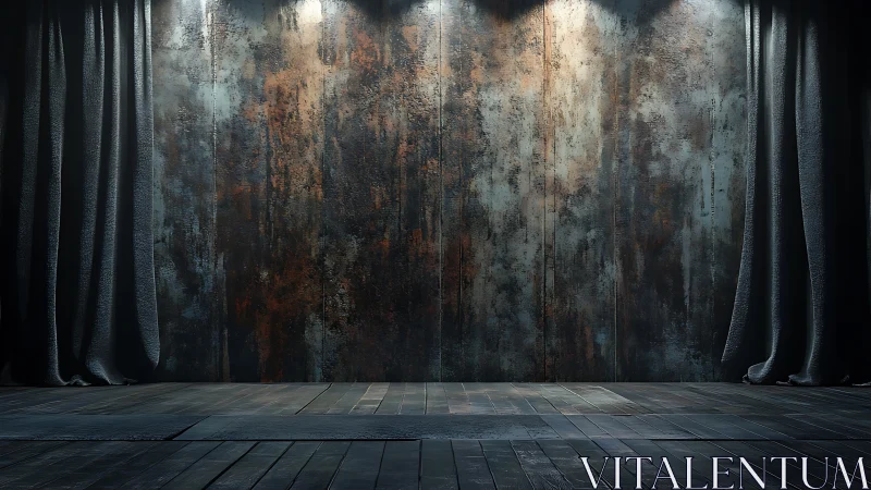 Brooding industrial stage under solitary gallery lights.