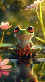Daydreaming red-eyed frog in a sparkling flower pond.