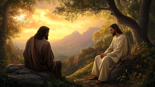 Twin robed figures converse in luminous valley overlook at dusk.