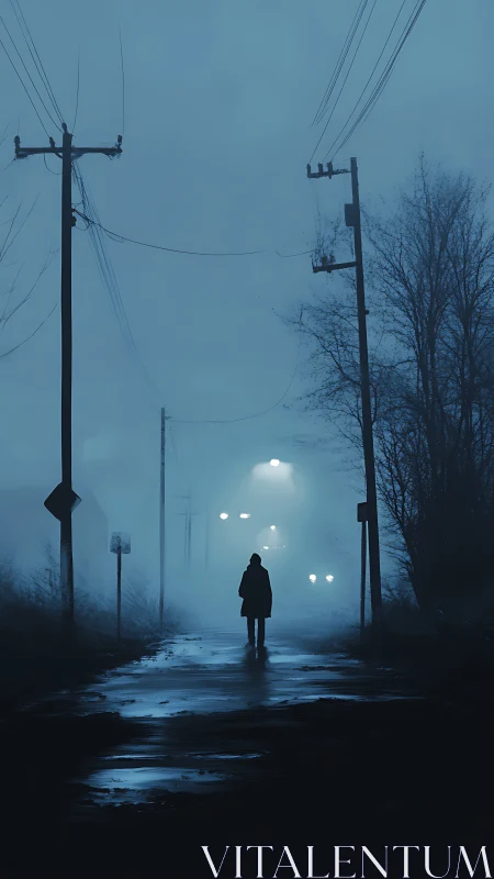 Lone figure walks a foggy blue road under distant streetlights