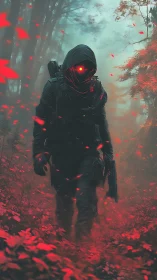 Red-eyed cyber operative advances through neon forest haze