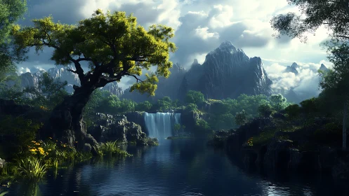 Fantasy waterfall valley with dramatic mountainous backdrop.