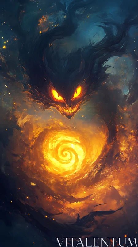 Dark fiery spirit circling a bright swirling energy vortex.