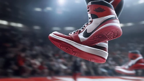 Dynamic courtside close-up of airborne basketball sneakers.