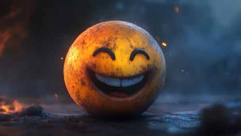 Weathered smiling sphere rests on wet ground in low light