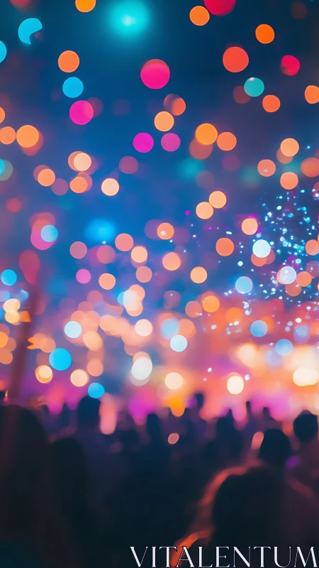 Defocused concert crowd under multicolored bokeh stage lights