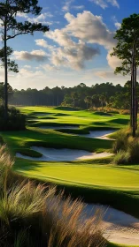 Sunlit championship golf course with sculpted sand bunkers.