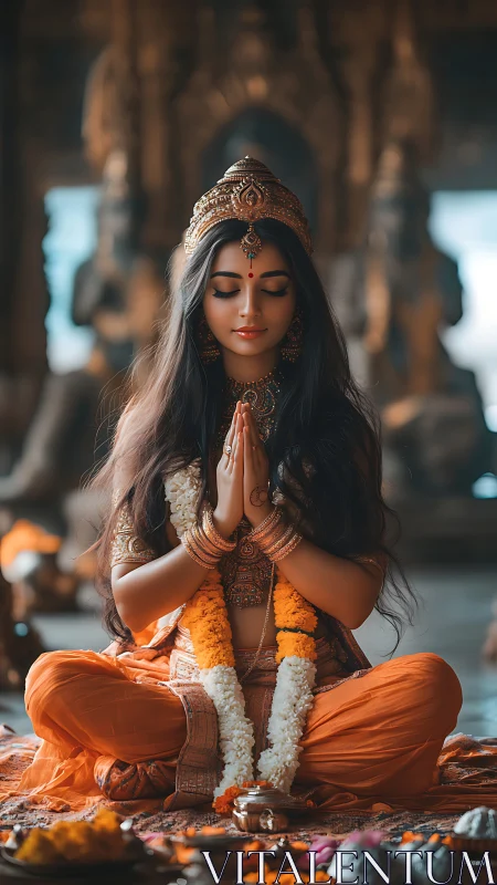 Woman in traditional attire meditating in ornate temple interior.