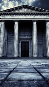 Grand stone courthouse stands calm beneath stormy skies
