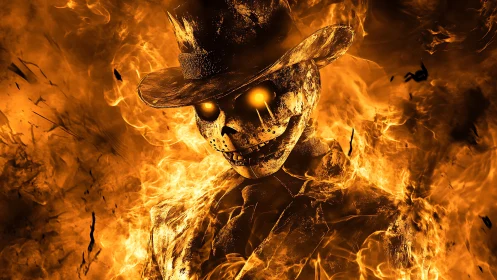 Digital painting of flaming skeletal figure in fedora hat.