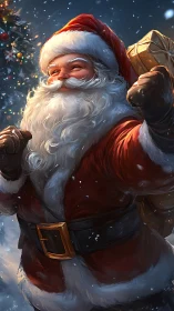 Santa figure in red suit carries gift sack in snowy night scene