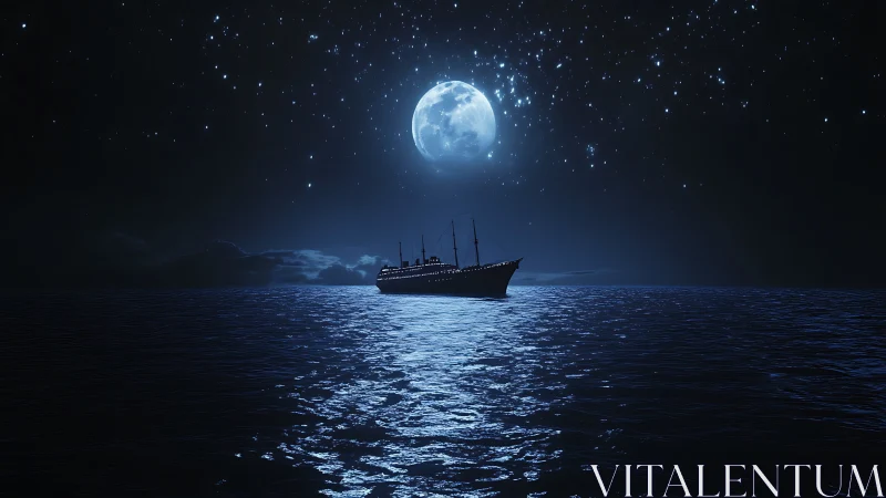Moonlit ocean liner silhouette under deep nocturnal seascape.