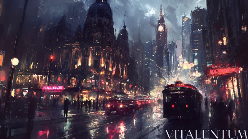 Rain-soaked nocturnal city street with tram and neon lights.