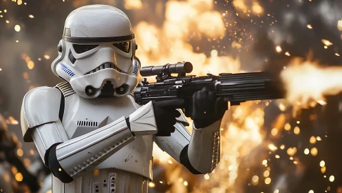 Armored blaster trooper storms through molten sparks.