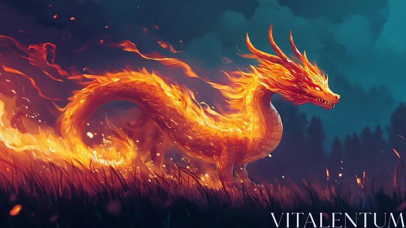 Flaming serpentine dragon moving across dark grassy field.