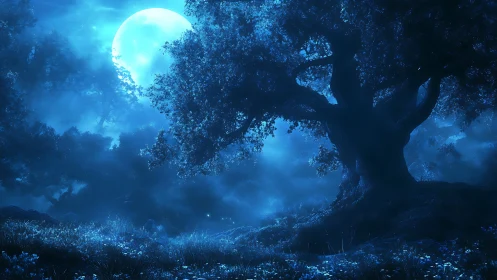 Nocturnal moonlit grove with monumental fantasy oak tree.