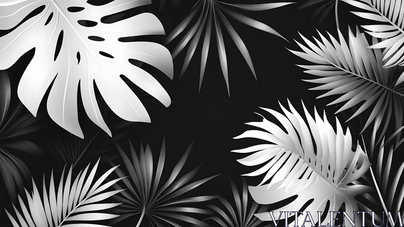 Monochrome tropical leaves form layered abstract jungle pattern