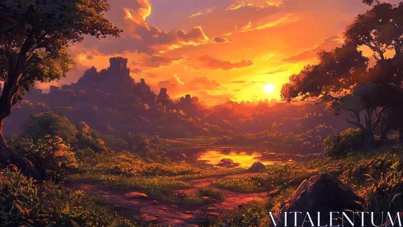 Sunlit river valley with distant castle at warm sunset.