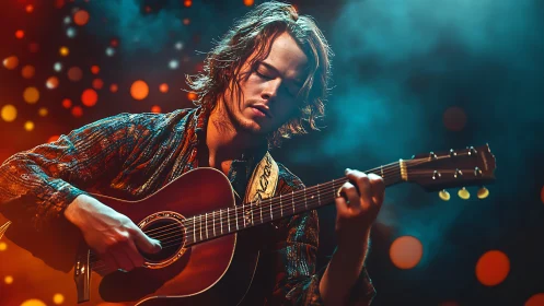 Soft stage glow around a guitarist lost in quiet rhythm.