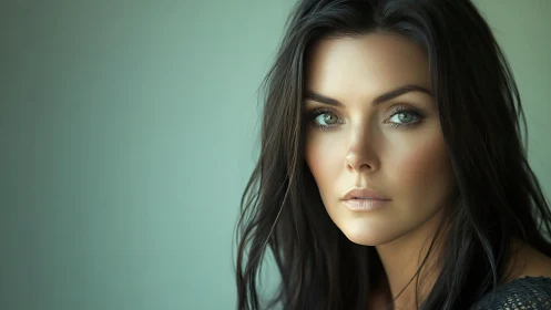 Emerald gaze in soft teal light, a portrait of poised calm.