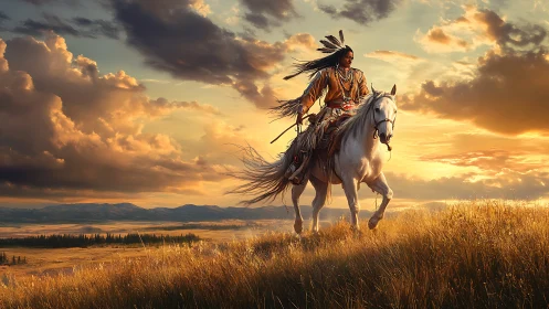 Horseback rider crosses golden plains beneath stormlit sunset