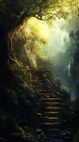 Golden-lit forest cavern with ancient stone steps descending into mist.