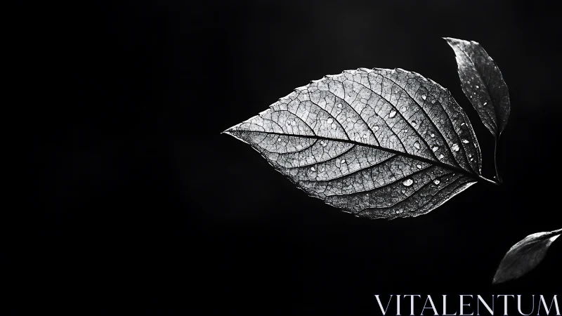 High-contrast macro leaf shows detailed venation and water droplets