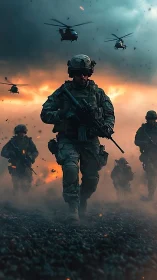 Battle-hardened soldiers advance under helicopter firestorm.